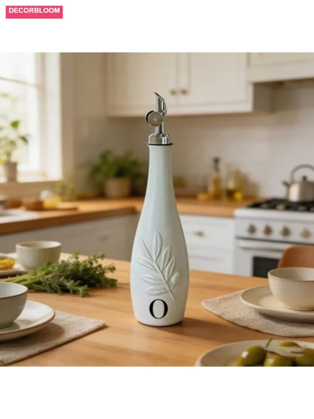 Set of 2 Ceramic Oil & Vinegar Dispensers, Leak Proof Self-Closing Spouts,